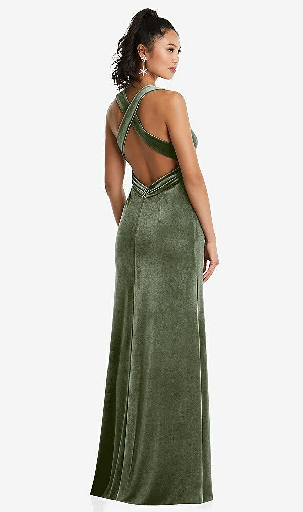 Back View - Sage Plunging Neckline Velvet Maxi Dress with Criss Cross Open-Back