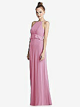 Side View Thumbnail - Powder Pink Bias Ruffle Empire Waist Halter Maxi Dress with Adjustable Straps