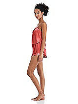 Side View Thumbnail - Perfect Coral Satin Ruffle-Trimmed Lounge Shorts with Pockets - Cali