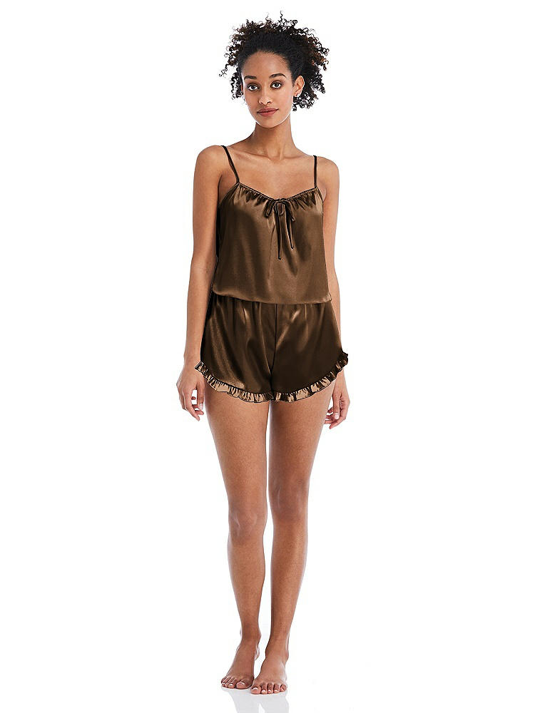 Front View - Latte Satin Ruffle-Trimmed Lounge Shorts with Pockets - Cali