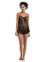 Front View Thumbnail - Latte Satin Ruffle-Trimmed Lounge Shorts with Pockets - Cali
