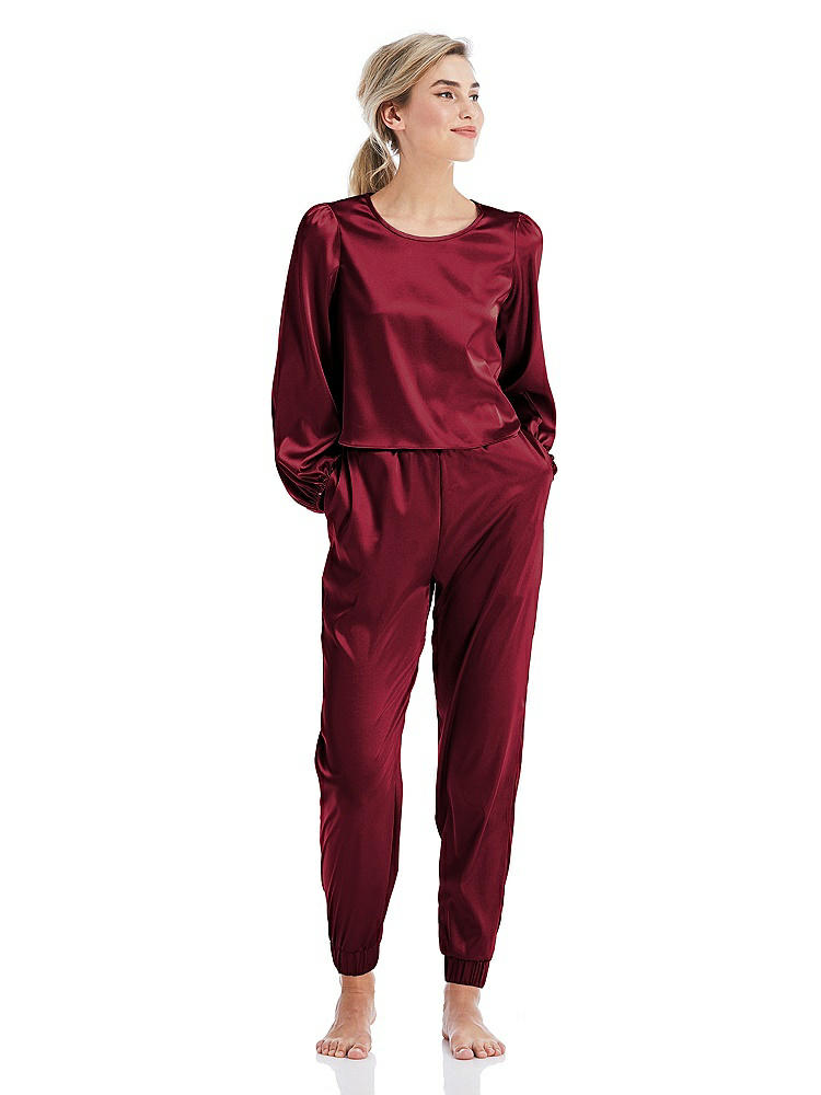 Front View - Burgundy Satin Joggers with Pockets - Mica