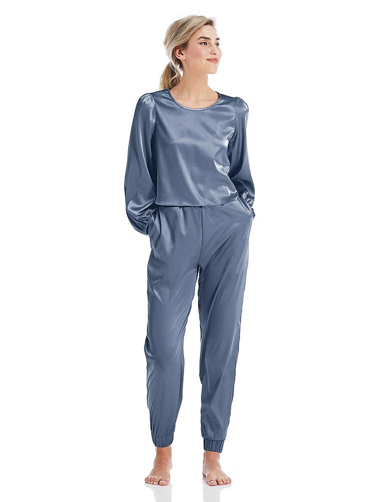 Front View - Larkspur Blue Satin Joggers with Pockets - Mica