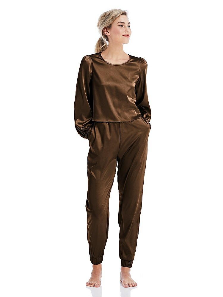 Front View - Latte Satin Joggers with Pockets - Mica