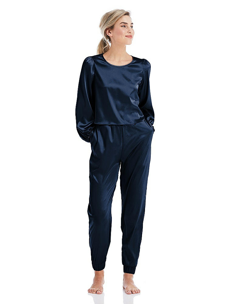 Front View - Midnight Navy Satin Joggers with Pockets - Mica