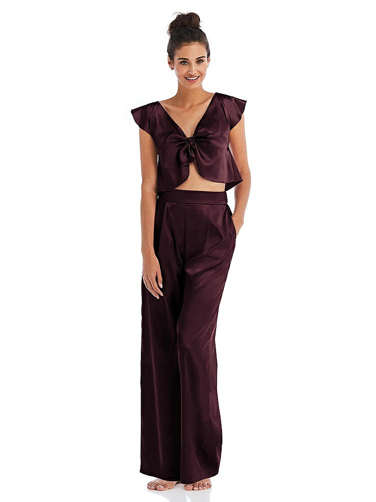 Front View - Bordeaux Satin Wide-Leg Lounge Pants with Pockets - Ray