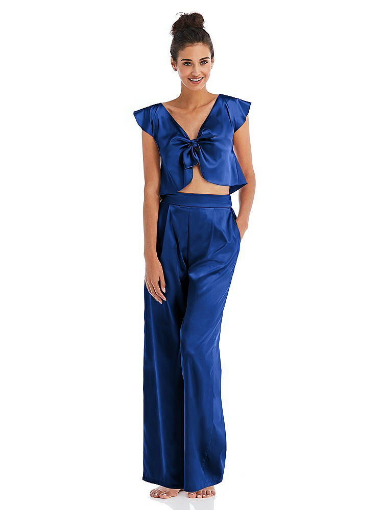 Front View - Sapphire Satin Wide-Leg Lounge Pants with Pockets - Ray