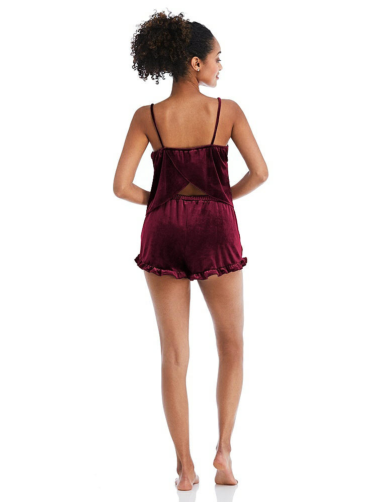 Back View - Cabernet Velvet Ruffle-Trimmed Lounge Shorts with Pockets - Willa