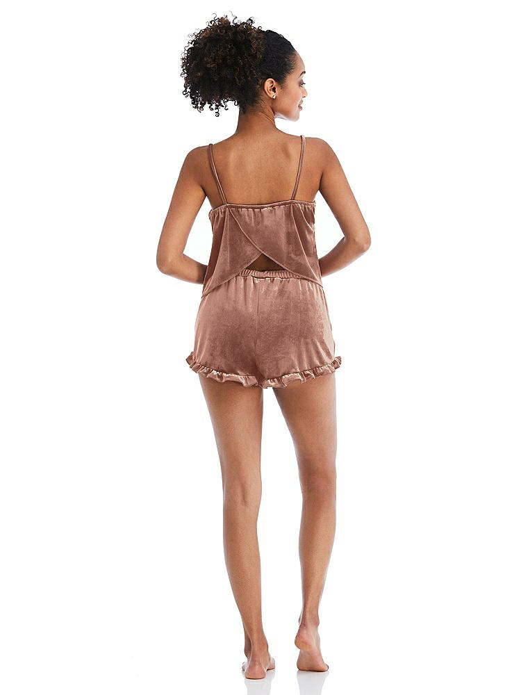 Back View - Tawny Rose Velvet Ruffle-Trimmed Lounge Shorts with Pockets - Willa
