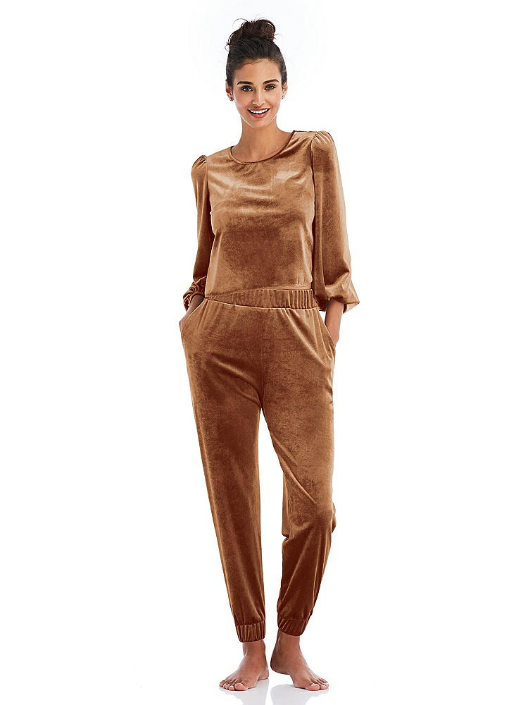 Front View - Golden Almond Velvet Joggers with Pockets - May