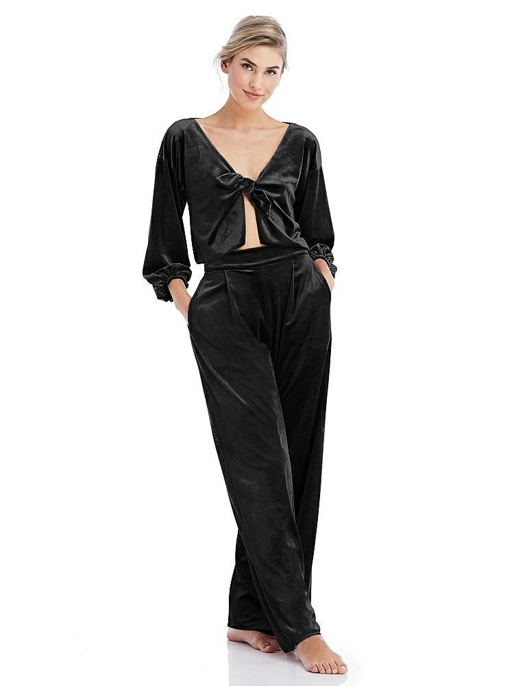 Front View - Black Velvet Lounge Pants with Pockets - Cleo