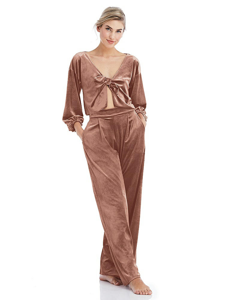 Front View - Tawny Rose Velvet Lounge Pants with Pockets - Cleo