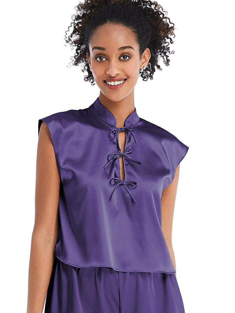 Front View - Regalia - PANTONE Ultra Violet Satin Stand Collar Tie-Front Pullover Top - Remi