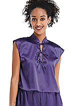 Front View Thumbnail - Regalia - PANTONE Ultra Violet Satin Stand Collar Tie-Front Pullover Top - Remi