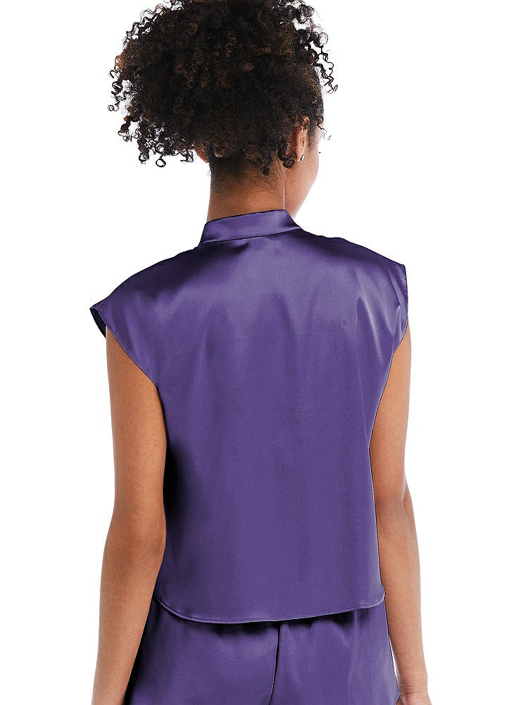 Back View - Regalia - PANTONE Ultra Violet Satin Stand Collar Tie-Front Pullover Top - Remi