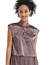 Front View Thumbnail - French Truffle Satin Stand Collar Tie-Front Pullover Top - Remi
