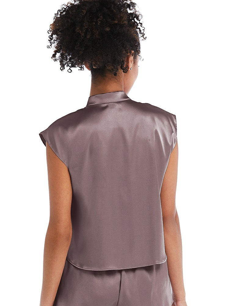 Back View - French Truffle Satin Stand Collar Tie-Front Pullover Top - Remi