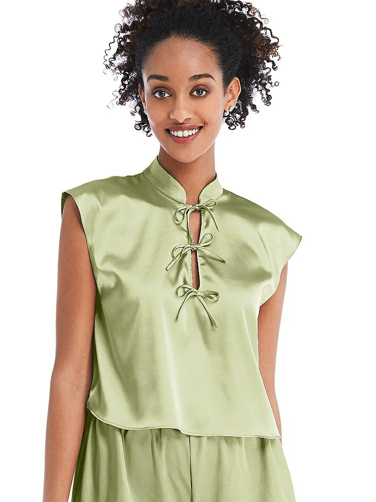 Front View - Mint Satin Stand Collar Tie-Front Pullover Top - Remi