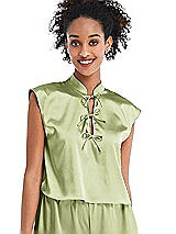 Front View Thumbnail - Mint Satin Stand Collar Tie-Front Pullover Top - Remi