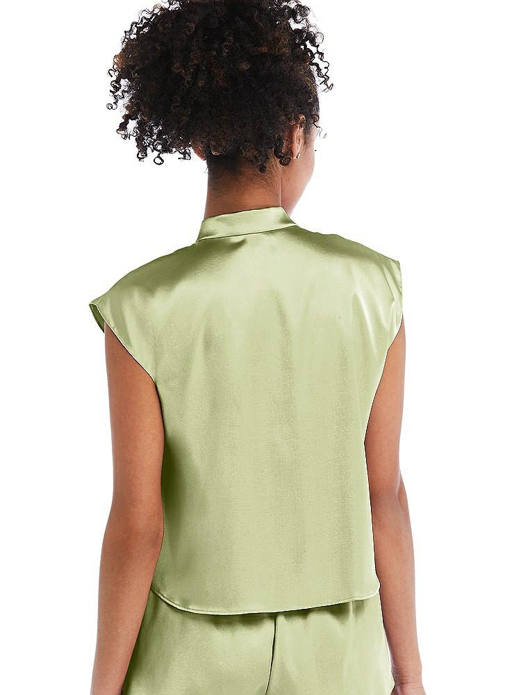 Back View - Mint Satin Stand Collar Tie-Front Pullover Top - Remi