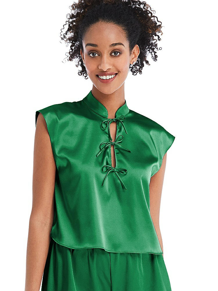 Front View - Shamrock Satin Stand Collar Tie-Front Pullover Top - Remi