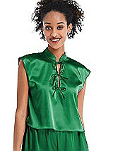 Front View Thumbnail - Shamrock Satin Stand Collar Tie-Front Pullover Top - Remi