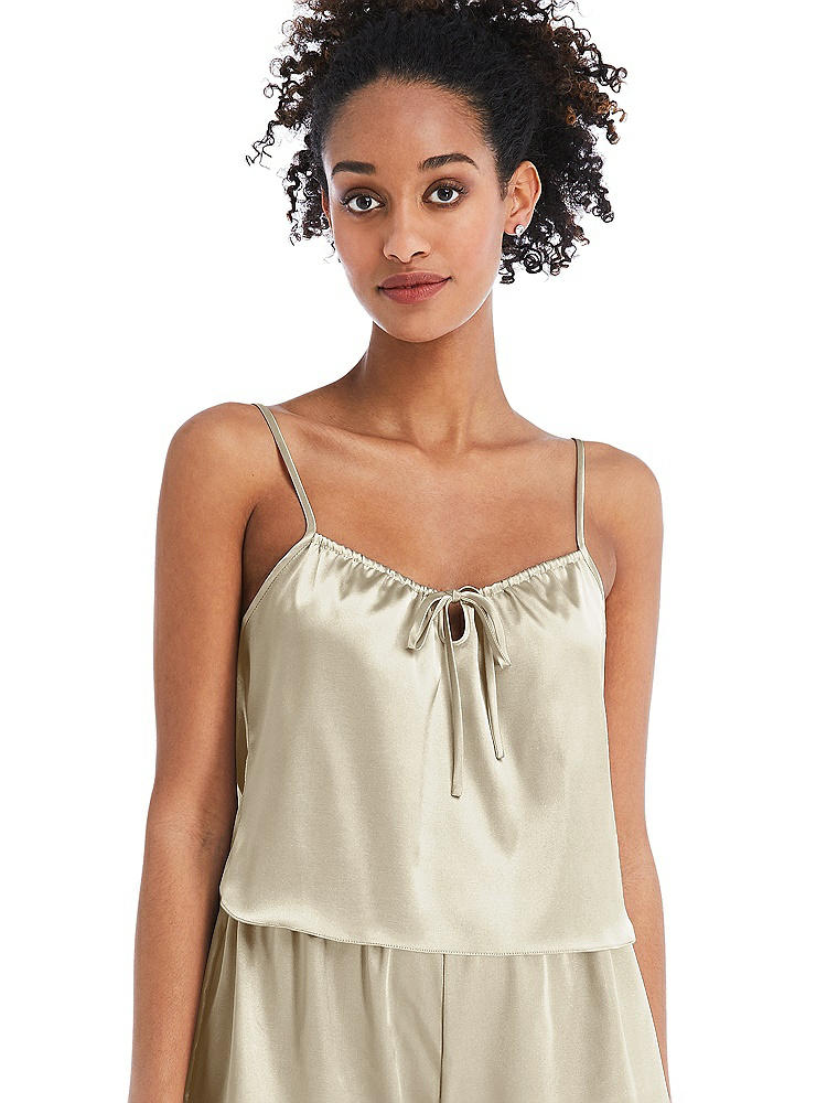 Front View - Champagne Drawstring Neck Satin Cami with Bow Detail - Nyla