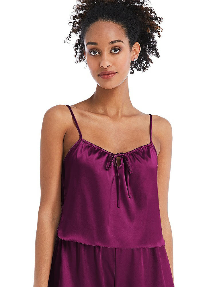 Front View - Merlot Drawstring Neck Satin Cami with Bow Detail - Nyla