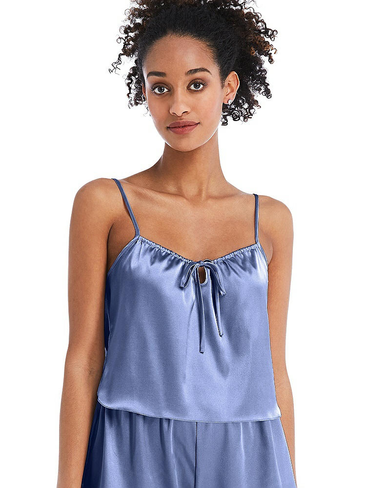 Front View - Periwinkle - PANTONE Serenity Drawstring Neck Satin Cami with Bow Detail - Nyla