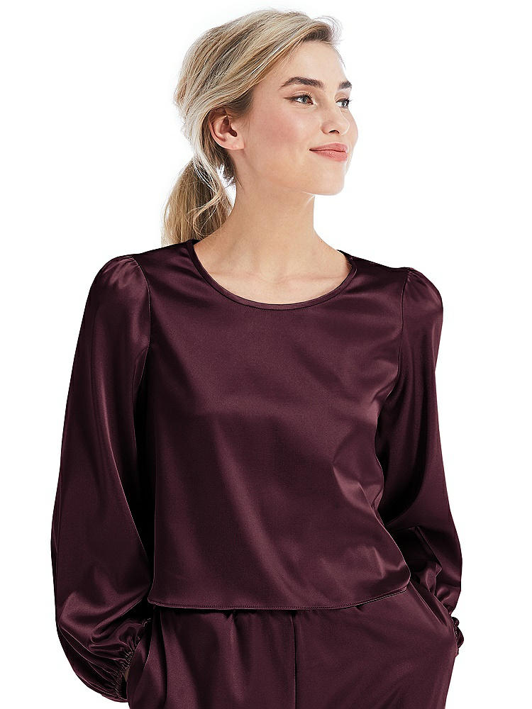 Front View - Bordeaux Satin Pullover Puff Sleeve Top - Parker