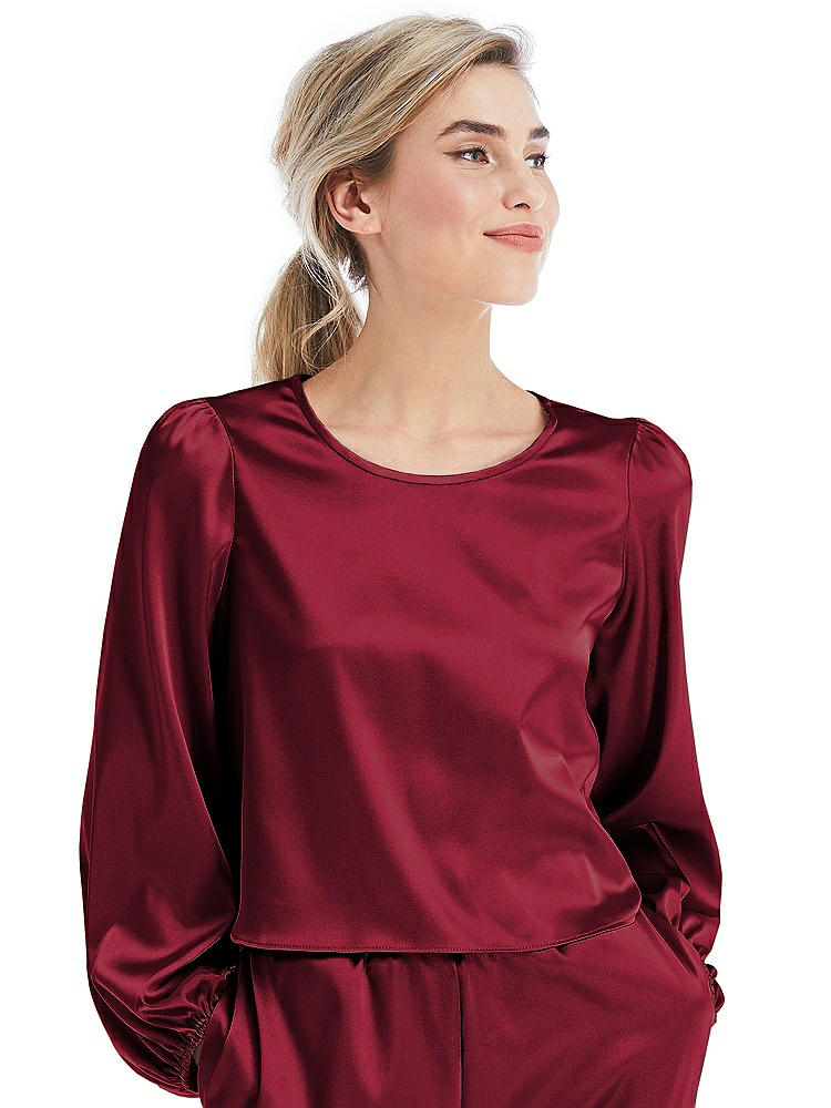 Front View - Burgundy Satin Pullover Puff Sleeve Top - Parker