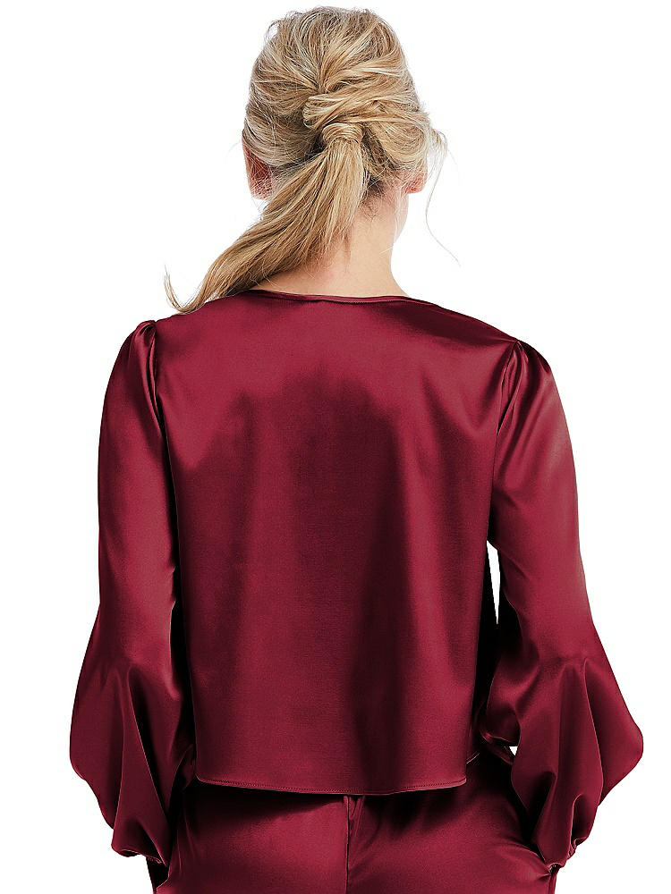 Back View - Burgundy Satin Pullover Puff Sleeve Top - Parker