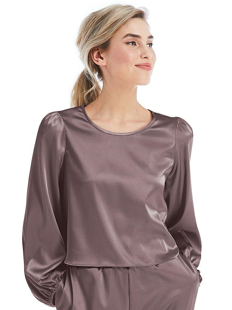Front View - French Truffle Satin Pullover Puff Sleeve Top - Parker