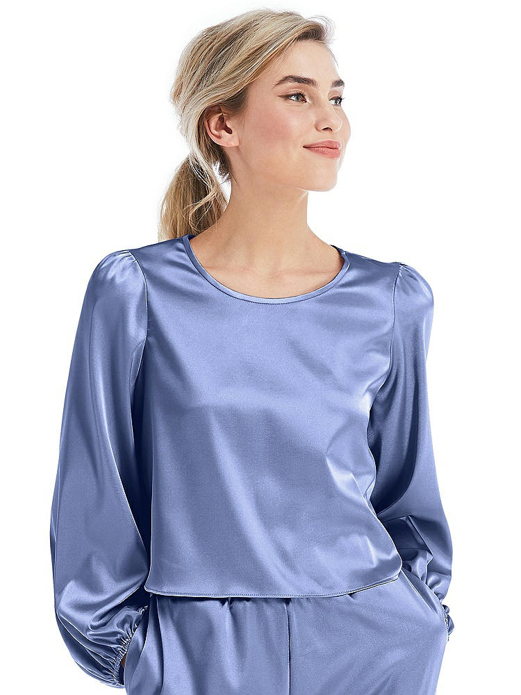 Front View - Periwinkle - PANTONE Serenity Satin Pullover Puff Sleeve Top - Parker