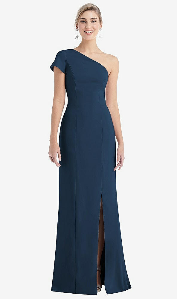 Front View - Sofia Blue One-Shoulder Cap Sleeve Trumpet Gown with Front Slit