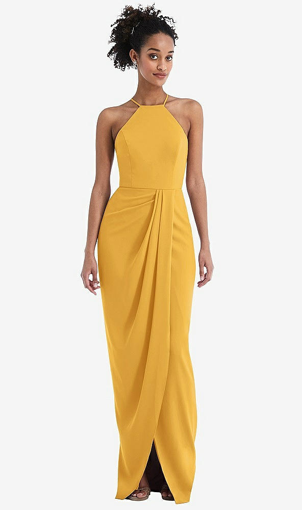 Front View - NYC Yellow Halter Draped Tulip Skirt Maxi Dress
