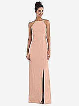 Front View Thumbnail - Pale Peach Open-Back High-Neck Halter Trumpet Gown
