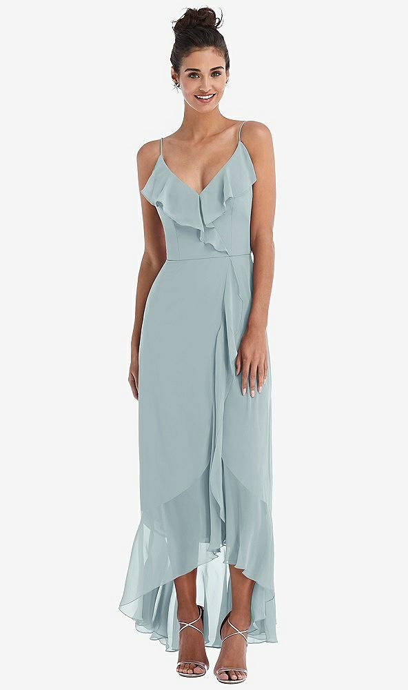 Front View - Morning Sky Ruffle-Trimmed V-Neck High Low Wrap Dress