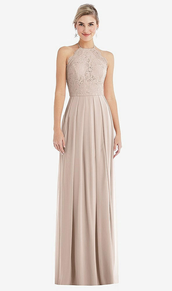 Front View - Cameo Tie-Neck Lace Halter Pleated Skirt Maxi Dress