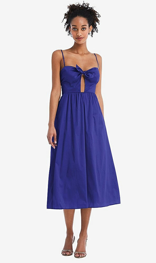 Front View - Electric Blue Bow-Tie Cutout Bodice Midi Dress with Pockets