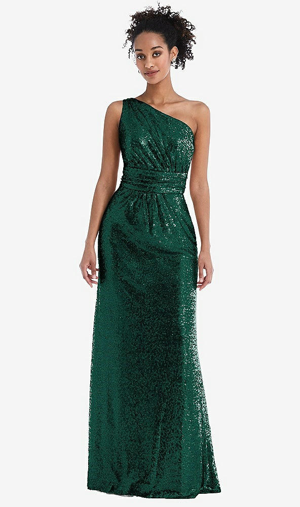 Front View - Hunter Green One-Shoulder Draped Sequin Max