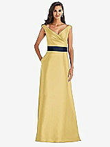 Front View Thumbnail - Maize & Midnight Navy Off-the-Shoulder Draped Wrap Satin Maxi Dress