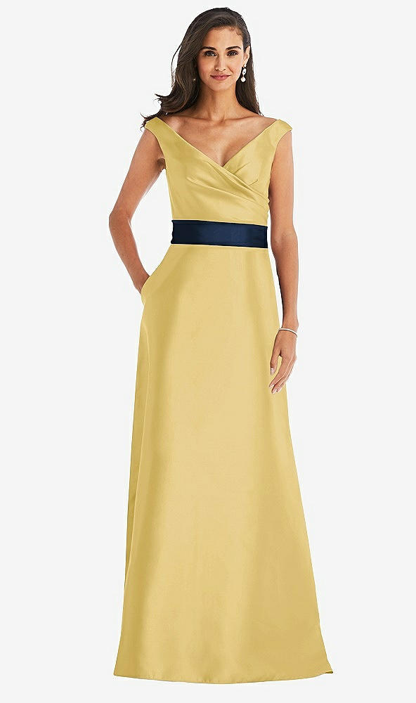 Front View - Maize & Midnight Navy Off-the-Shoulder Draped Wrap Satin Maxi Dress