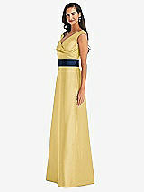 Side View Thumbnail - Maize & Midnight Navy Off-the-Shoulder Draped Wrap Satin Maxi Dress