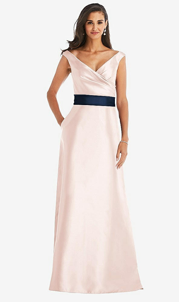 Front View - Blush & Midnight Navy Off-the-Shoulder Draped Wrap Satin Maxi Dress