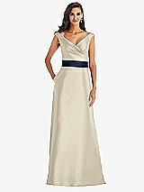 Front View Thumbnail - Champagne & Midnight Navy Off-the-Shoulder Draped Wrap Satin Maxi Dress
