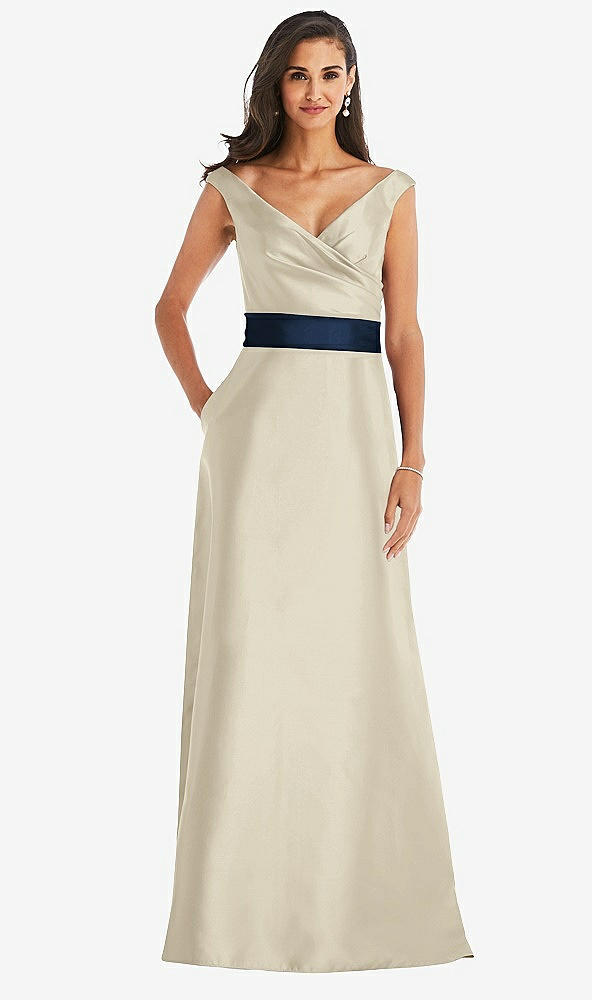 Front View - Champagne & Midnight Navy Off-the-Shoulder Draped Wrap Satin Maxi Dress
