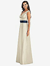 Side View Thumbnail - Champagne & Midnight Navy Off-the-Shoulder Draped Wrap Satin Maxi Dress