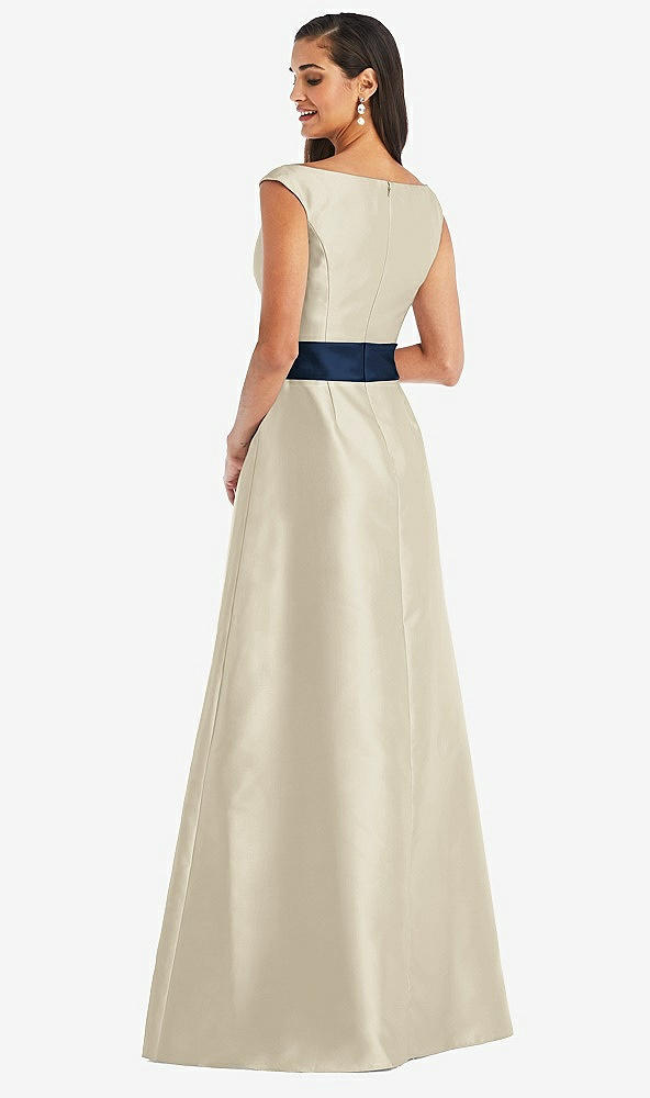 Back View - Champagne & Midnight Navy Off-the-Shoulder Draped Wrap Satin Maxi Dress