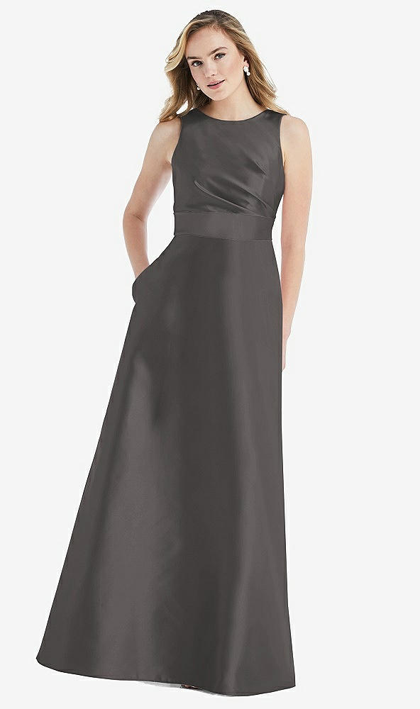Front View - Caviar Gray & Caviar Gray High-Neck Asymmetrical Shirred Satin Maxi Dress with Pockets